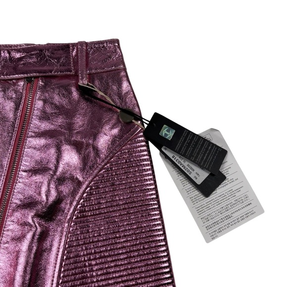JUST CAVALLI METALLIC PINK LEATHER RIBBED HIGH WAIST MINI MOTO SKIRT - Picture 14 of 15